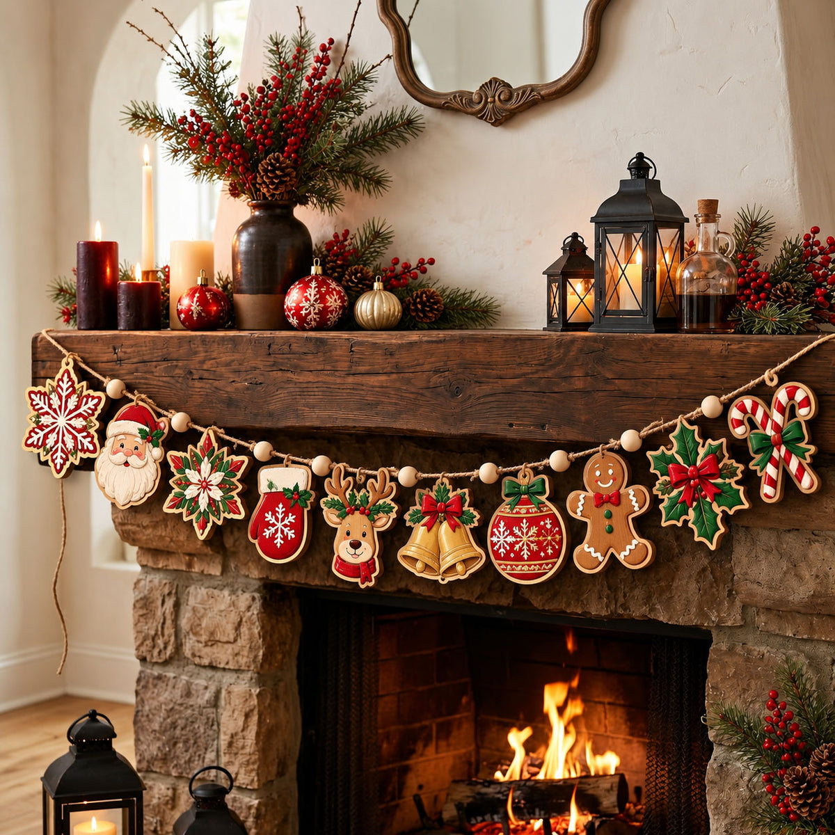 Classic Christmas Icons Custom Shape Wooden Garland GFTOHNL3355