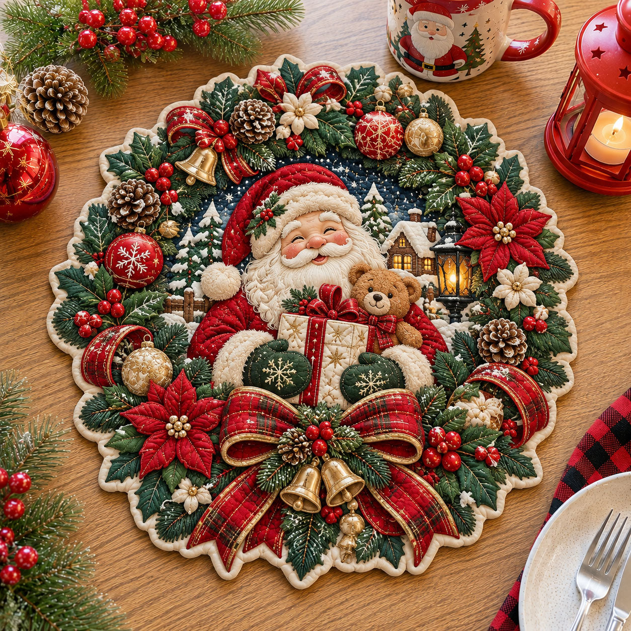 Santa Christmas Wreath Custom Shape Quilted Place Mat GFTOHNL3369