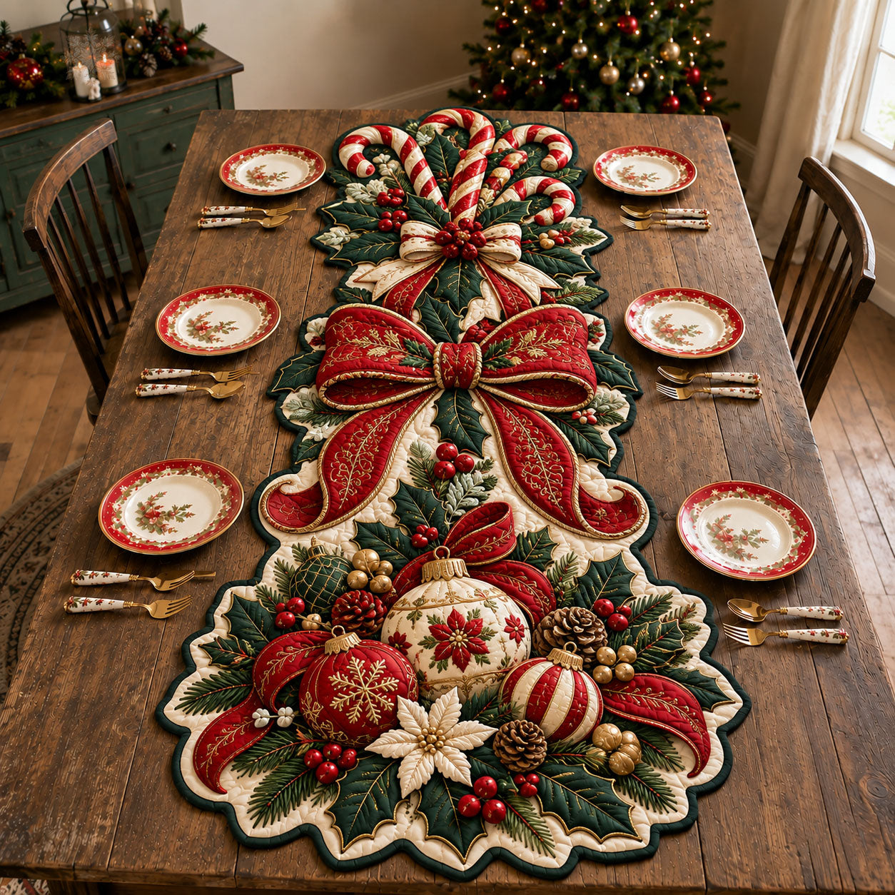 Candy Cane Christmas Custom Shape Quilted Table Runner GFTOHNL3373