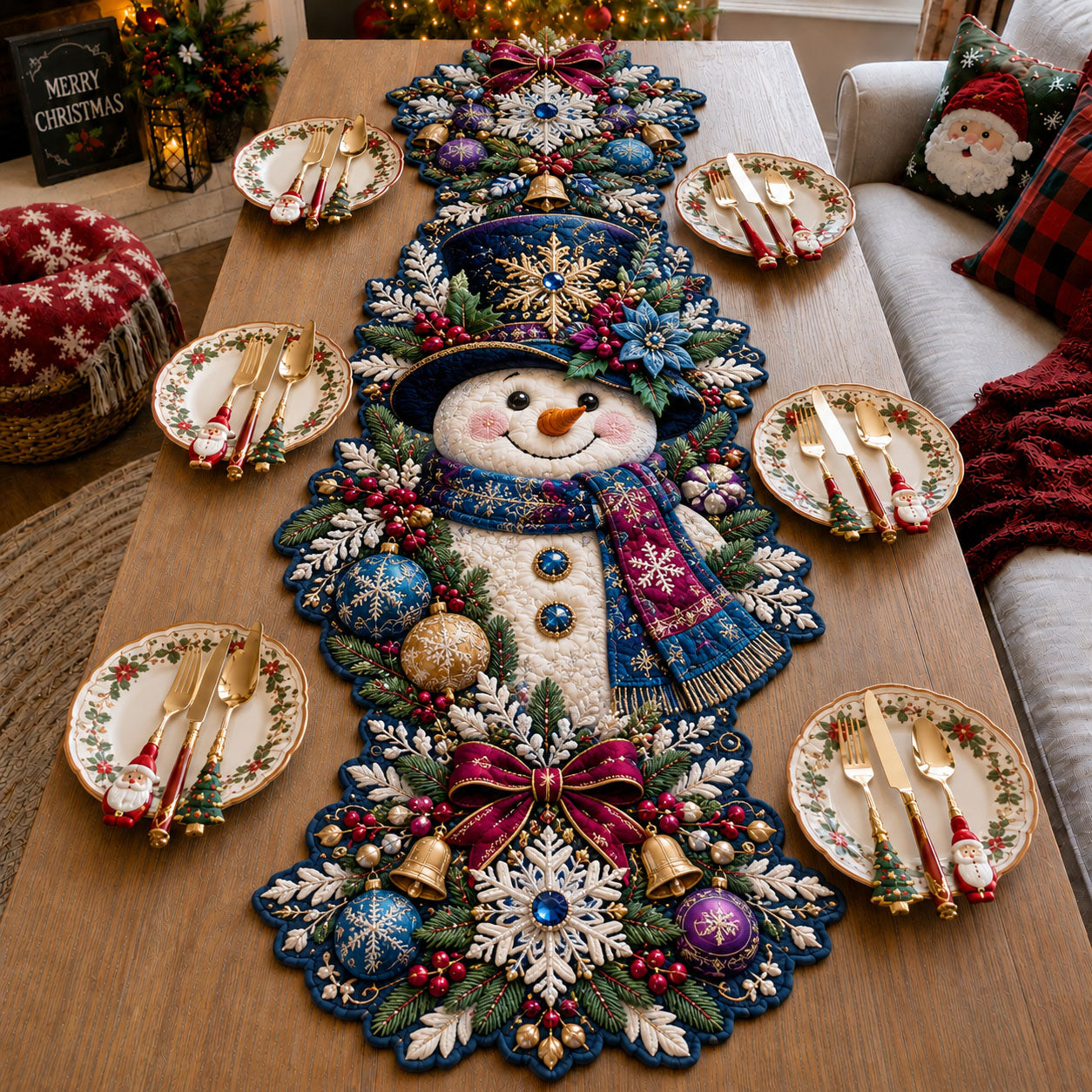 Winter Snowman Custom Shape Quilted Table Runner GFTOHNL3375