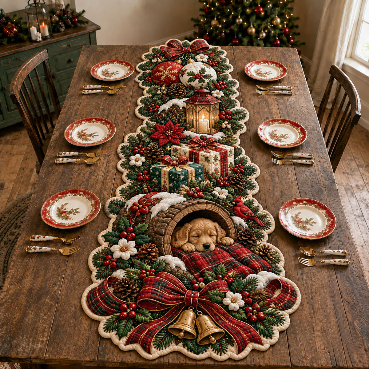 Cozy Christmas Puppy Custom Shape Quilted Table Runner GFTOHNL3377
