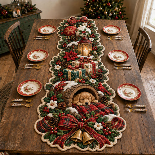 Cozy Christmas Puppy Custom Shape Quilted Table Runner GFTOHNL3377