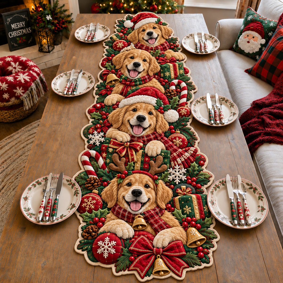 Christmas Golden Retrievers Custom Shape Quilted Table Runner GFTOHNL3378