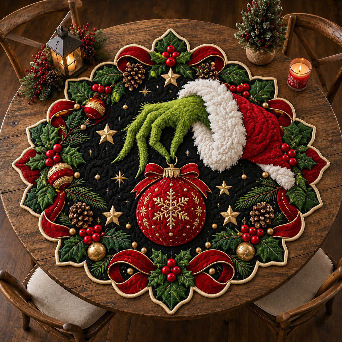 Grinch Christmas Custom Shape Quilted Table Topper GFTOHNL3382