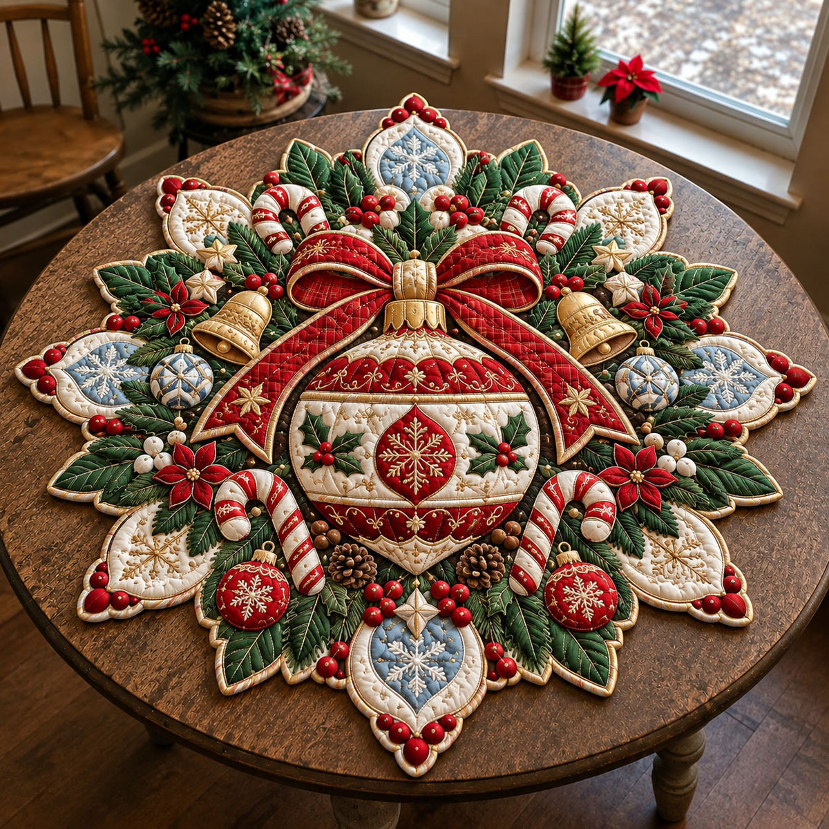 Christmas Ornament Bow Custom Shape Quilted Table Topper GFTOHNL3384