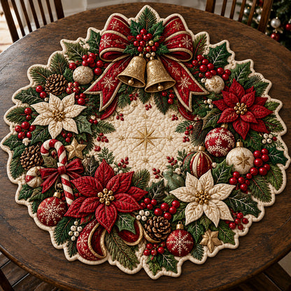 Christmas Poinsettia Wreath Custom Shape Quilted Table Topper GFTOHNL3385
