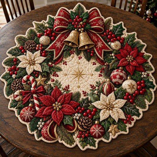Christmas Poinsettia Wreath Custom Shape Quilted Table Topper GFTOHNL3385