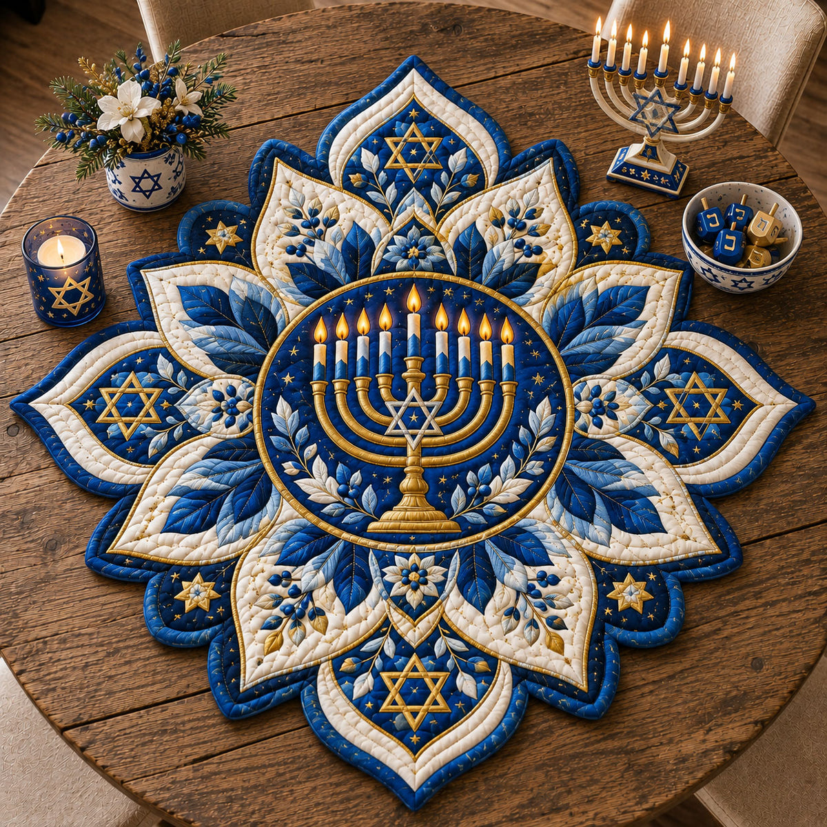 Hanukkah Menorah Bloom Custom Shape Quilted Table Topper GFTOHNL3387
