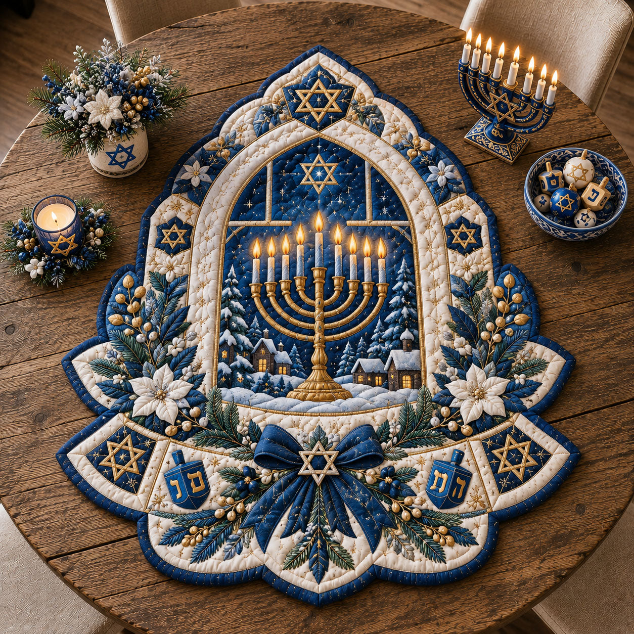 Hanukkah Winter Window Custom Shape Quilted Table Topper GFTOHNL3393