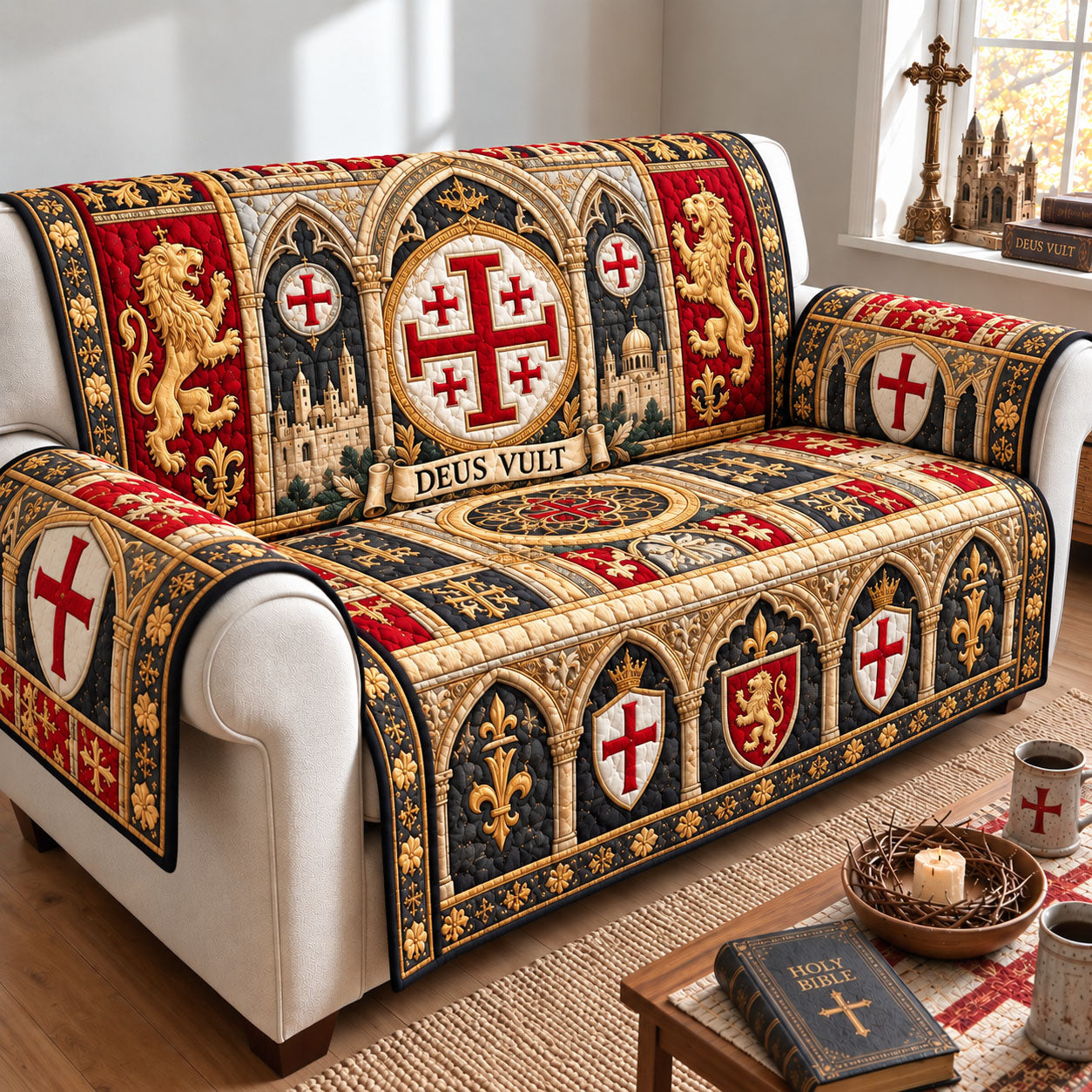 Deus Vult Cross Quilted Sofa Cover GFTOHNL3441