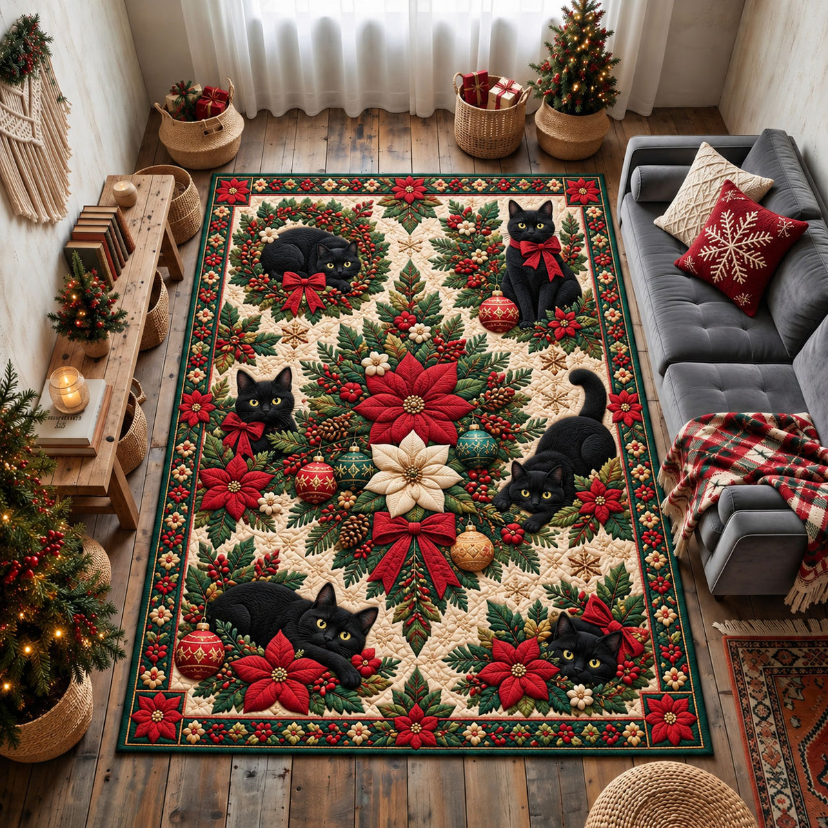 Black Cats And Poinsettias Area Rug GFTOHNL3447