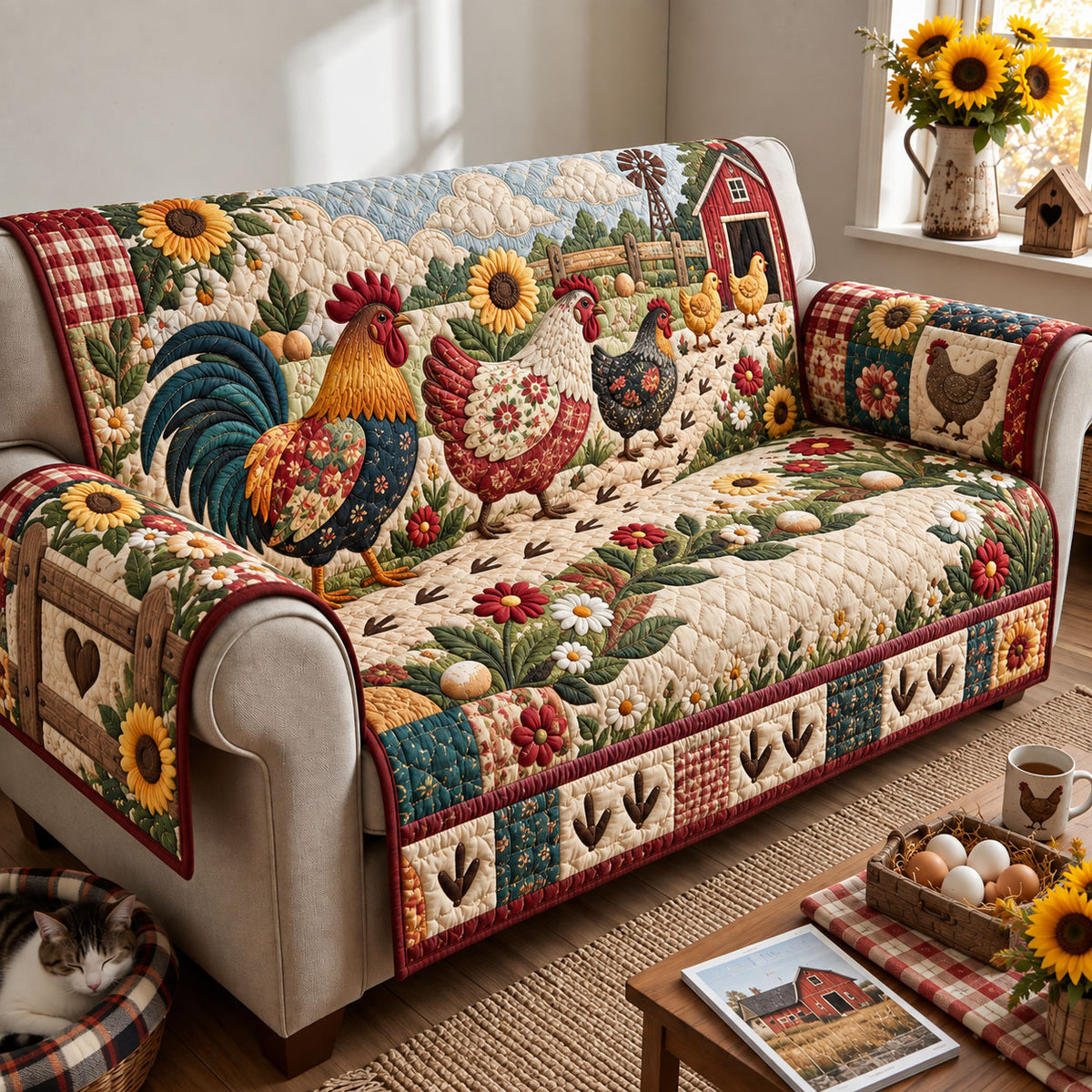 Farmyard Chicken Trail Quilted Sofa Cover GFTOHNL3488