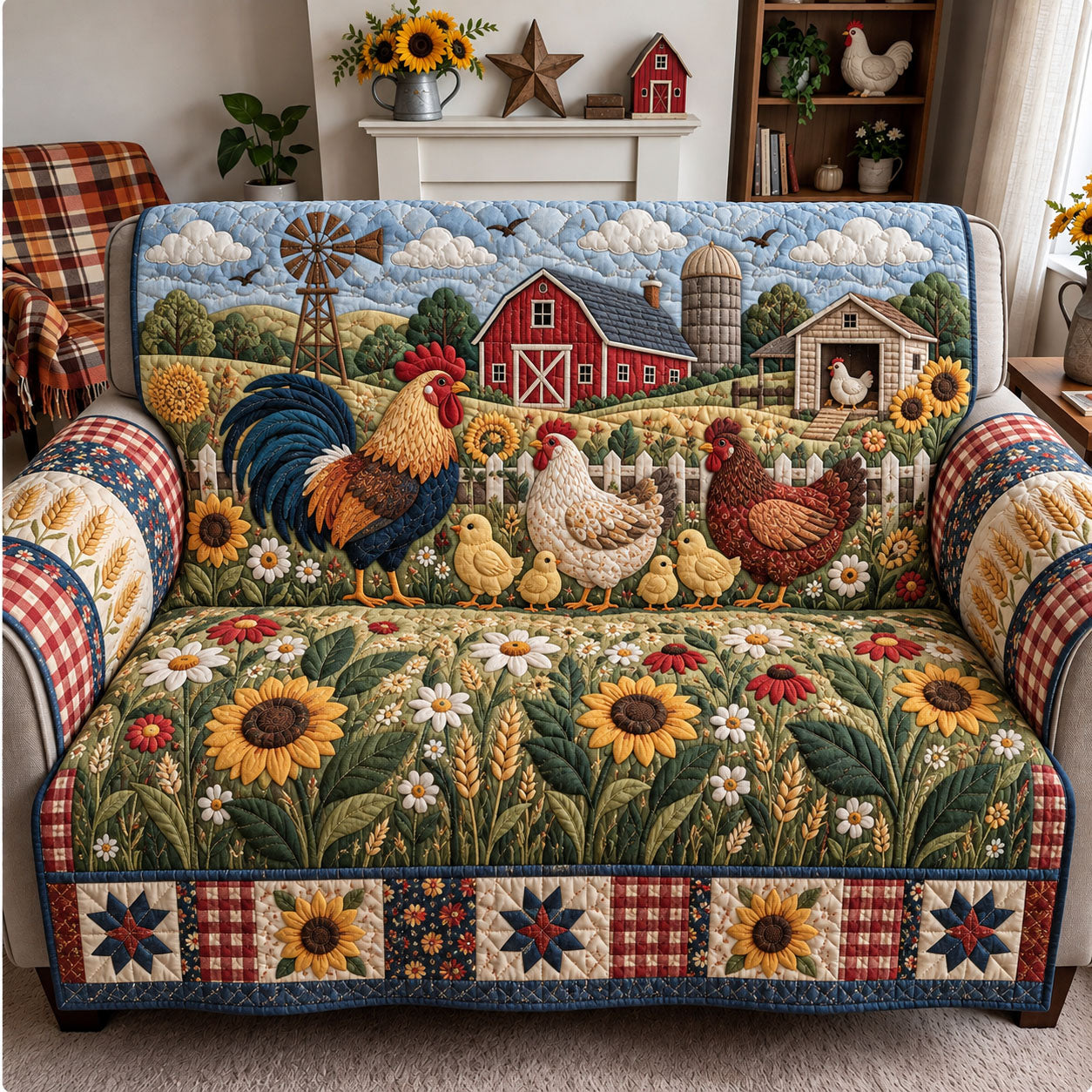 Country Chicken Family Quilted Sofa Cover GFTOHNL3490
