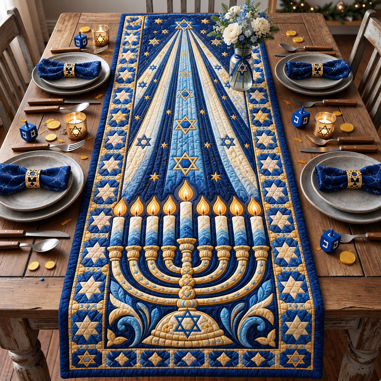 Hanukkah Menorah Light Quilted Table Runner GFTOHNL3492