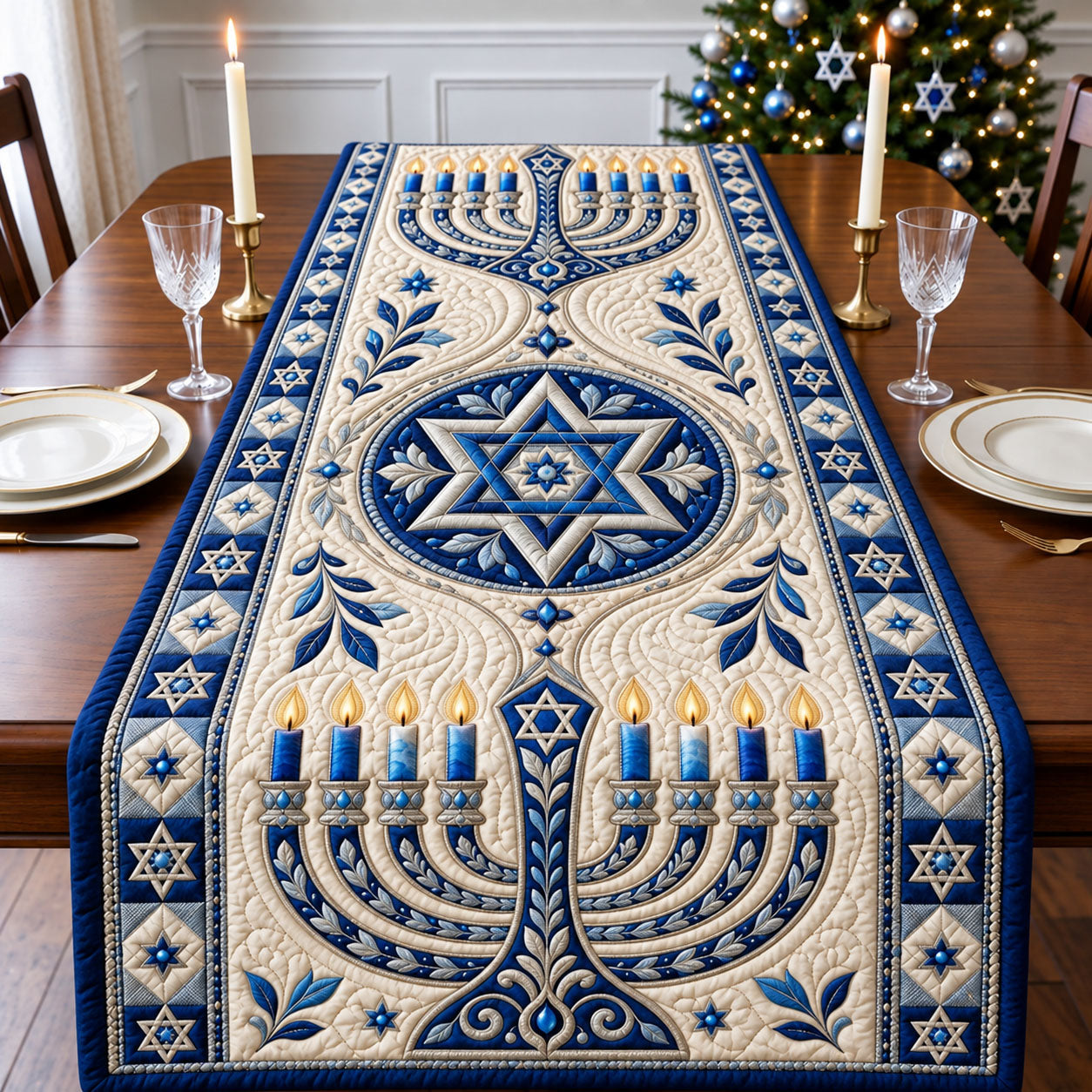 Blue Menorah Glow Quilted Table Runner GFTOHNL3497