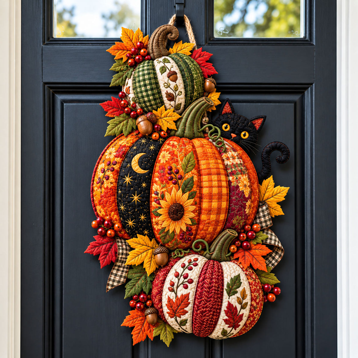 Pumpkin Black Cat Custom Shape Quilted Door Hanger GFTOHNL3500