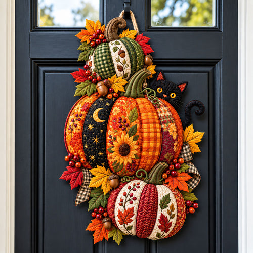 Pumpkin Black Cat Custom Shape Quilted Door Hanger GFTOHNL3500