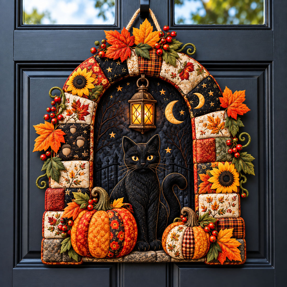 Black Cat Autumn Custom Shape Quilted Door Hanger GFTOHNL3503