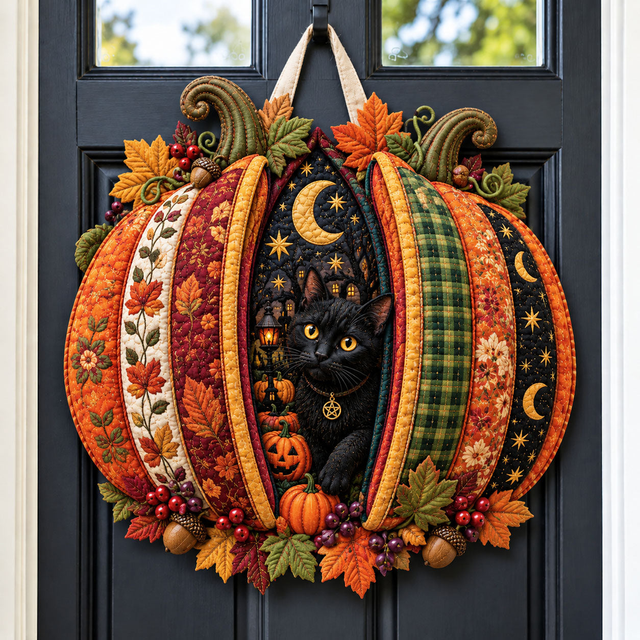 Moonlight Pumpkin Cat Custom Shape Quilted Door Hanger GFTOHNL3549