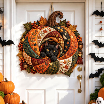 Autumn Cat Pumpkin Custom Shape Quilted Door Hanger GFTOHNL3550