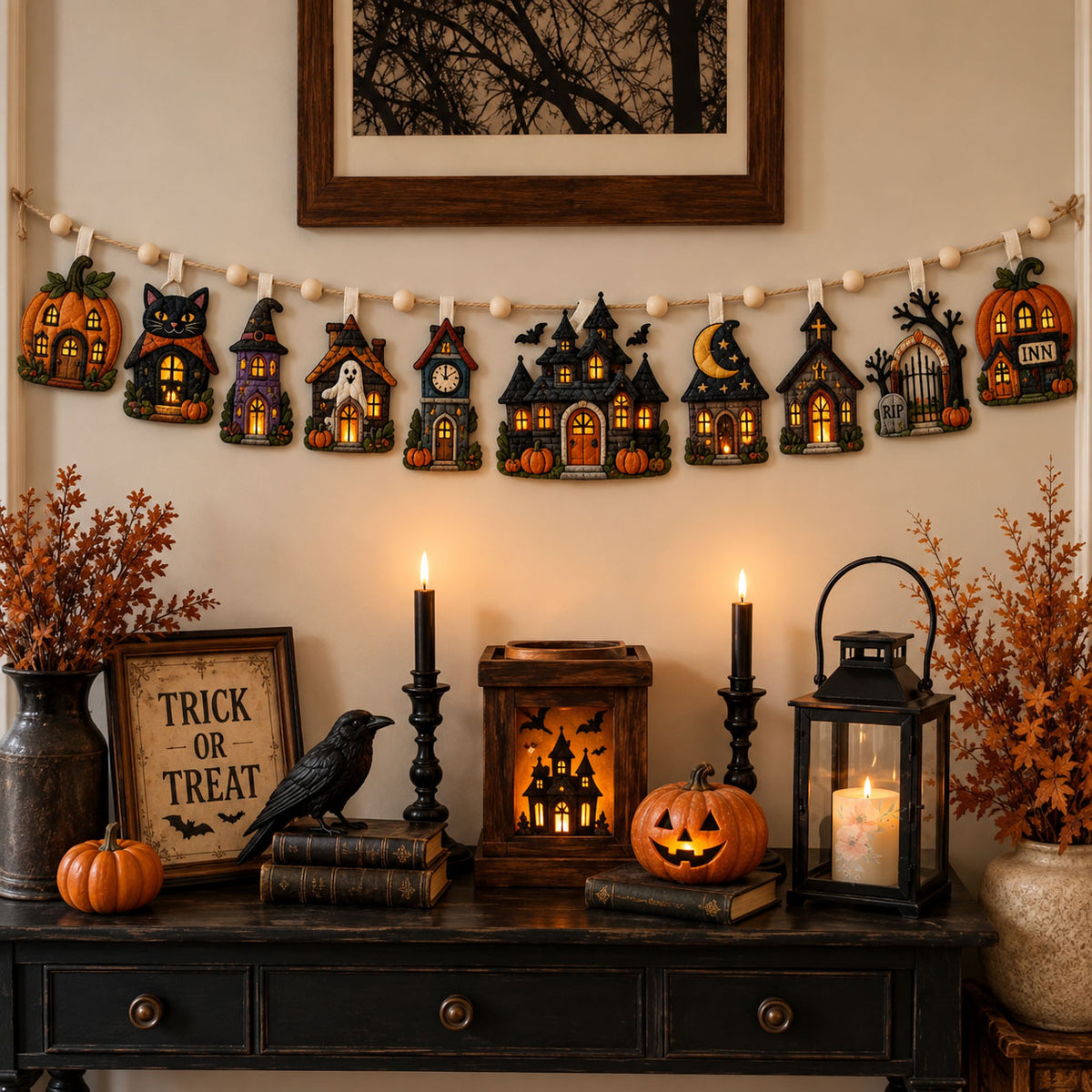 Haunted Village Night Custom Shape Quilted Garland GFTOHNL3555