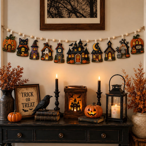 Haunted Village Night Custom Shape Quilted Garland GFTOHNL3555