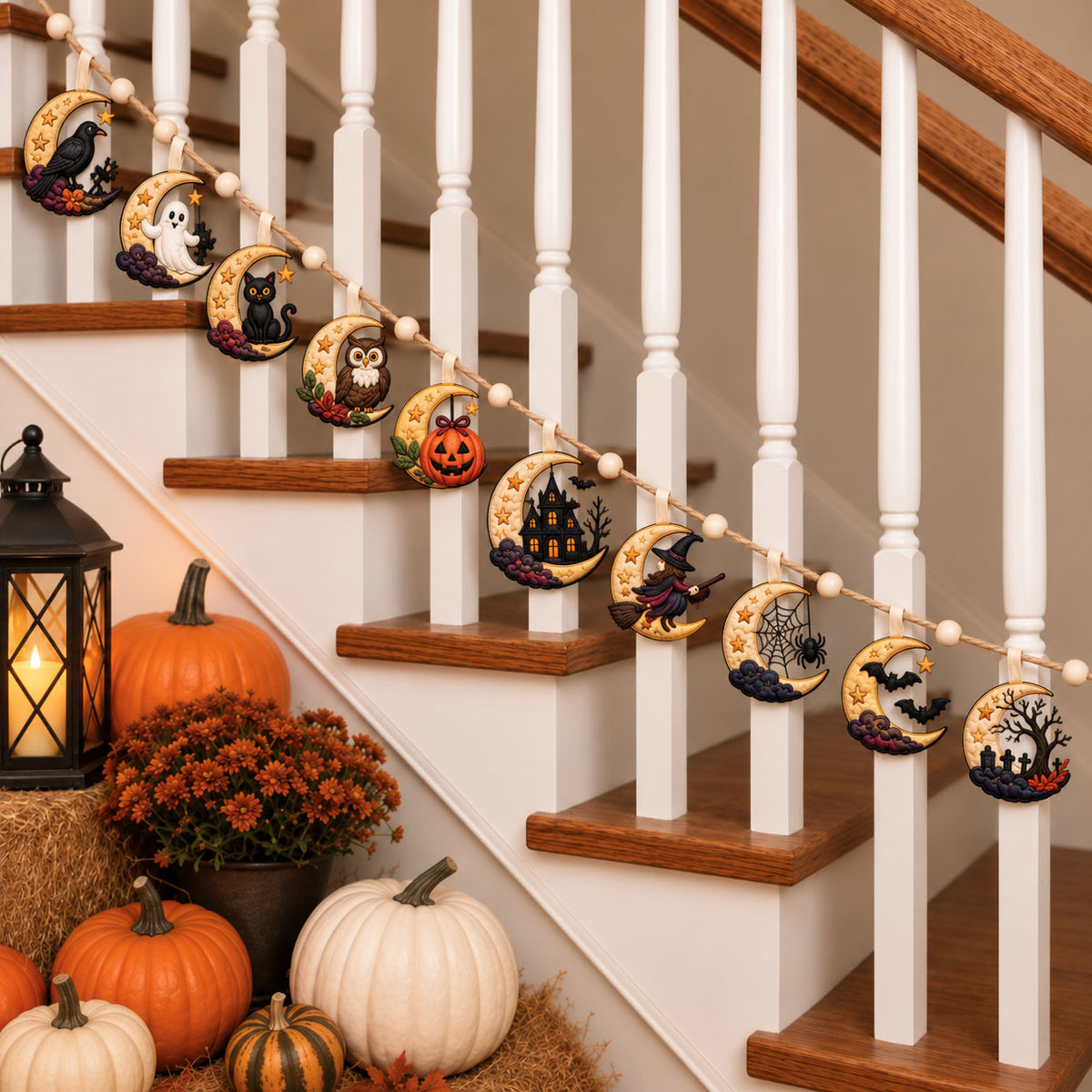 Halloween Moon Friends Custom Shape Quilted Garland GFTOHNL3556
