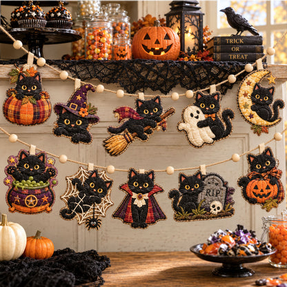 Black Cat Halloween Custom Shape Quilted Garland GFTOHNL3559