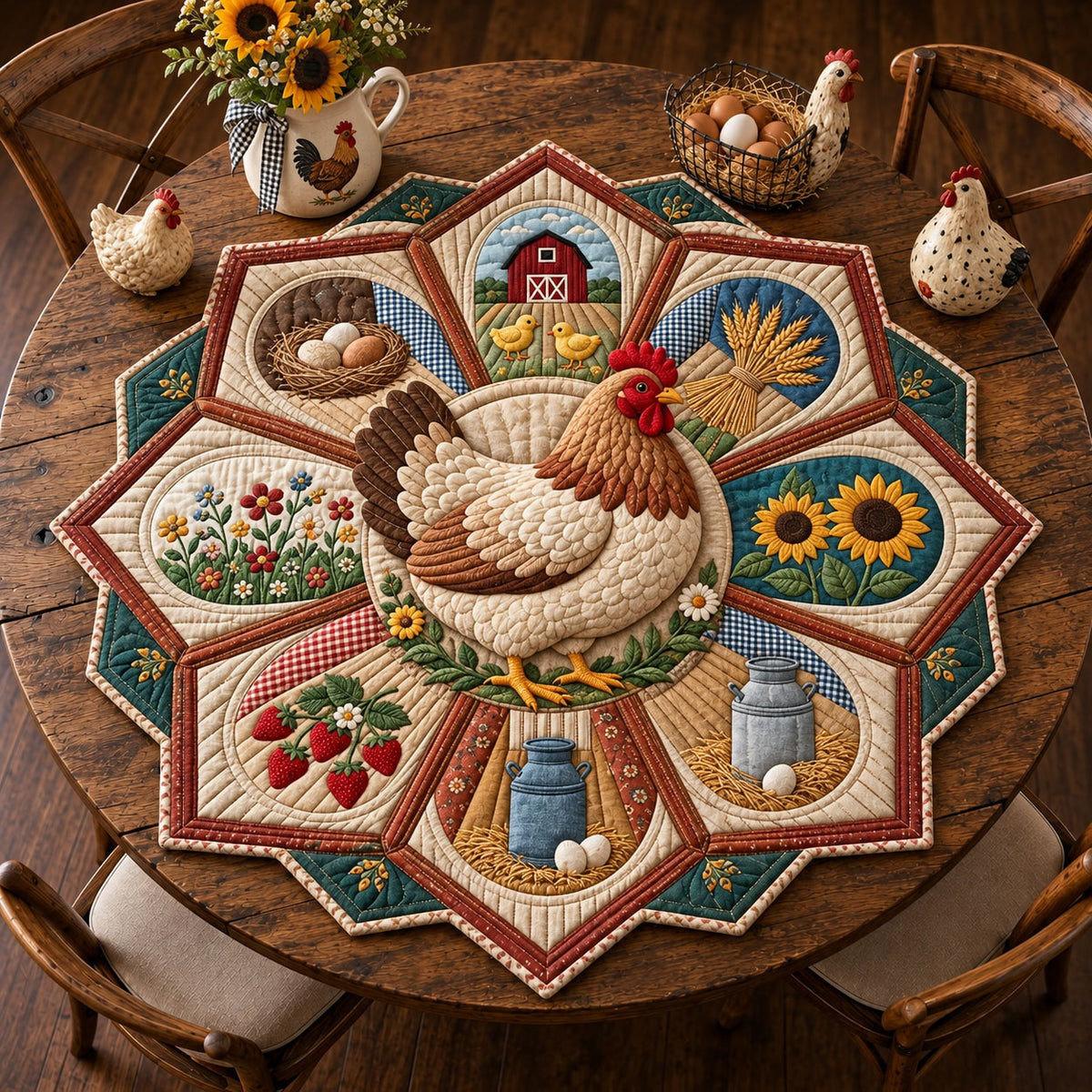 Rustic Hen Farm Custom Shape Quilted Table Topper GFTOHNL3638