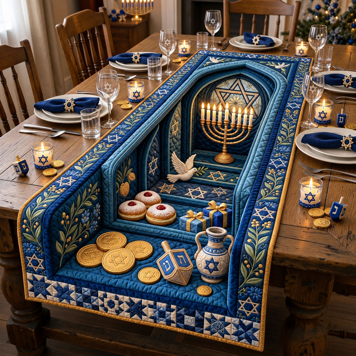 Hanukkah Sacred Glow Quilted Table Runner GFTOHNL3657
