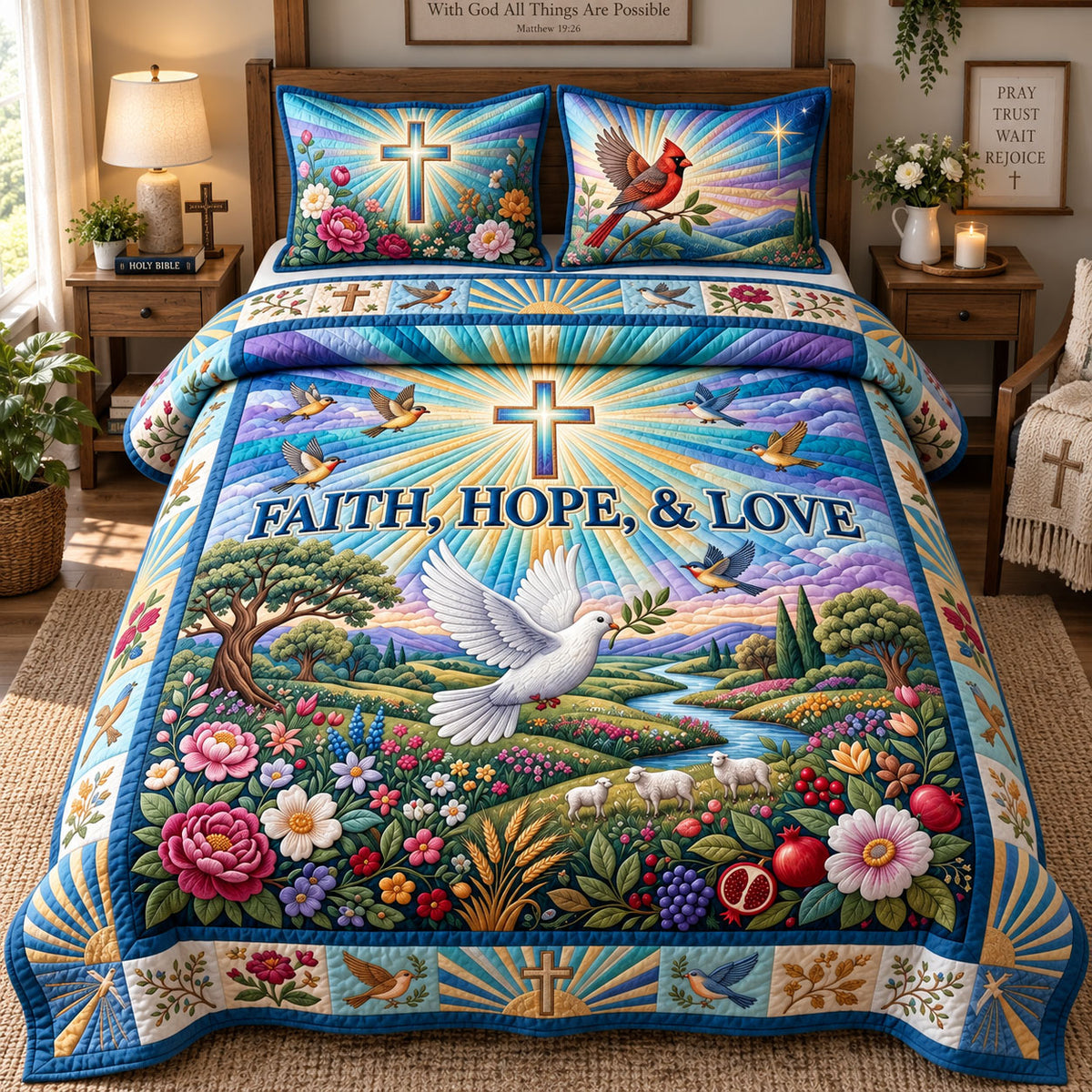 Faith Hope And Love 3-Piece Quilted Bedding Set GFTOHNL3691