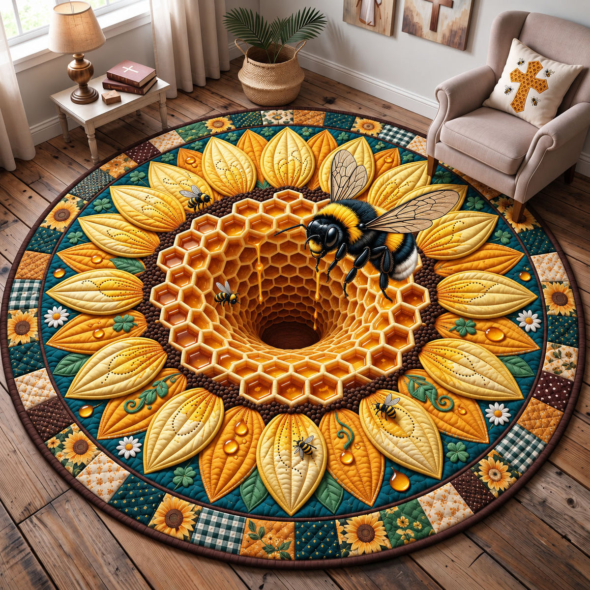 Sunflower Bee Haven Quilted Round Mat GFTOHNL3695