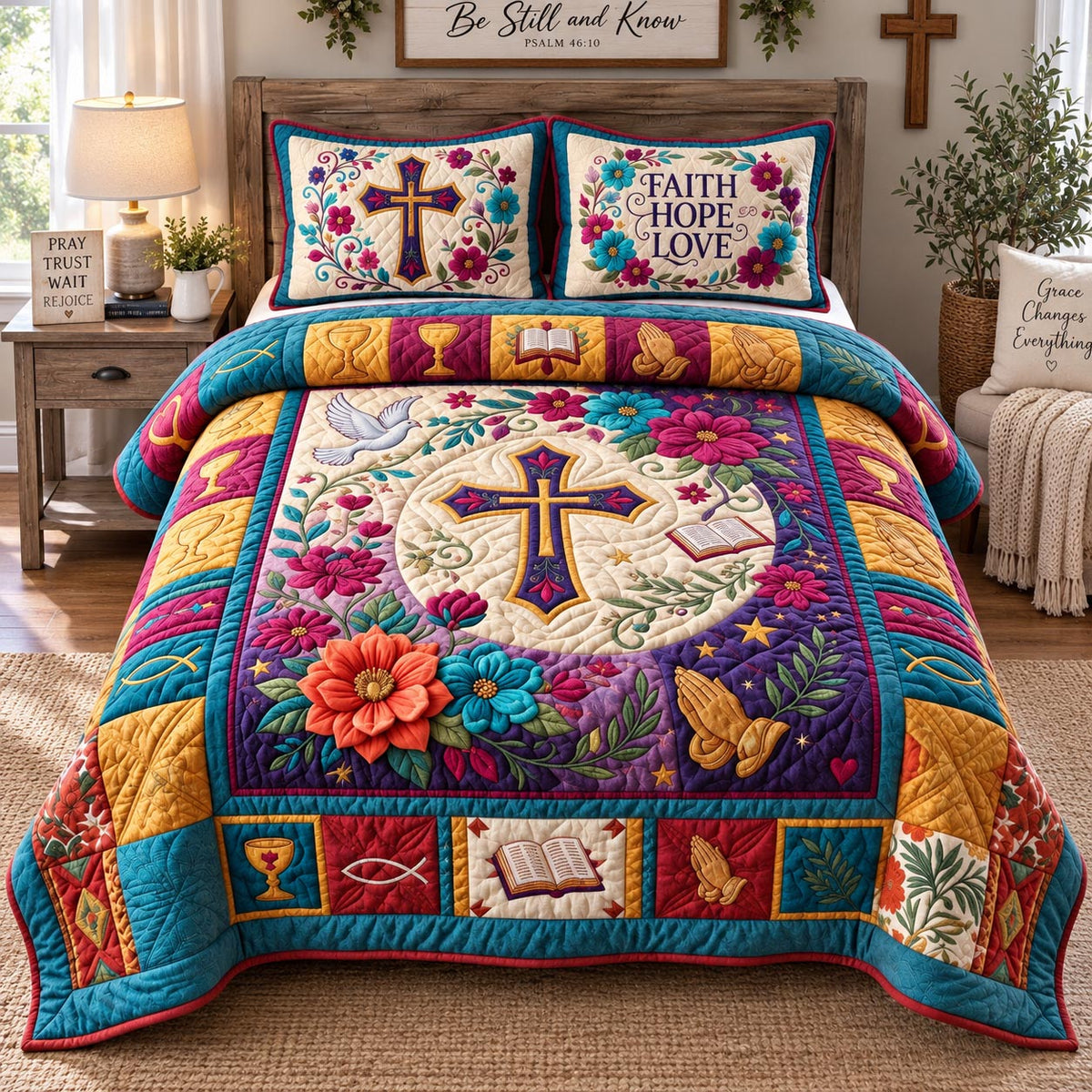 Faith Hope Love Flowers 3-Piece Quilted Bedding Set GFTOHNL3737