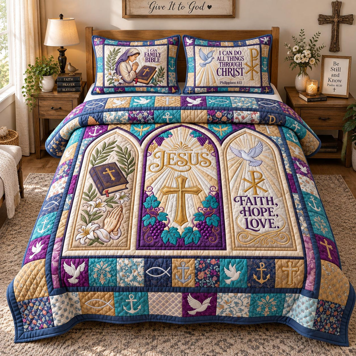 Jesus Faith Hope Love 3-Piece Quilted Bedding Set GFTOHNL3738