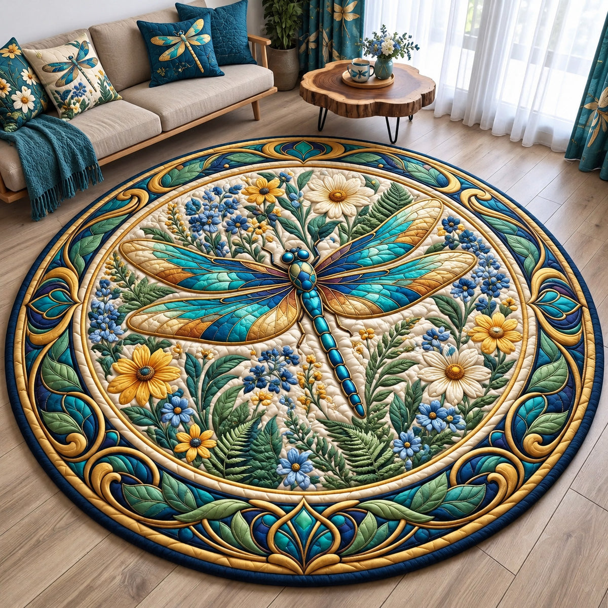 Dragonfly Flower Garden Quilted Round Mat GFTOHNL3793