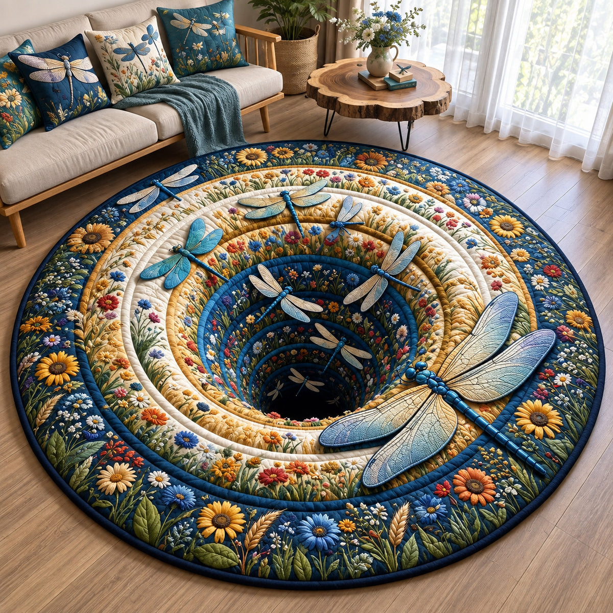 Dragonfly Floral Tunnel Quilted Round Mat GFTOHNL3794