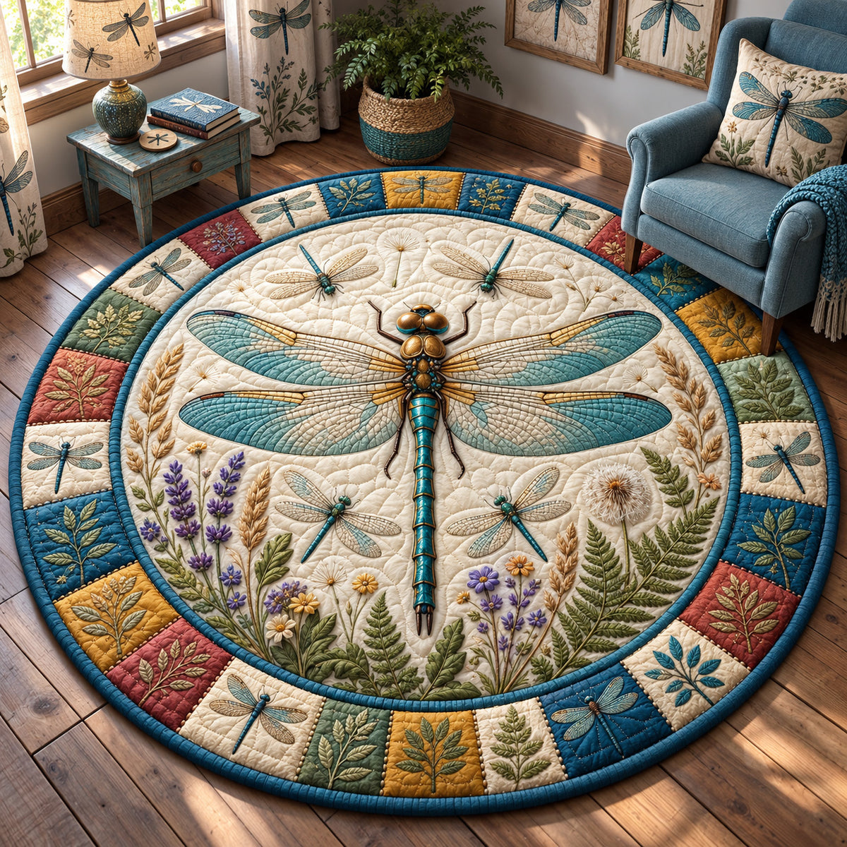 Vintage Dragonfly Garden Quilted Round Mat GFTOHNL3795