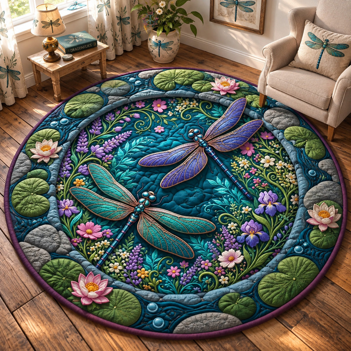 Lotus Dragonfly Pond Quilted Round Mat GFTOHNL3796