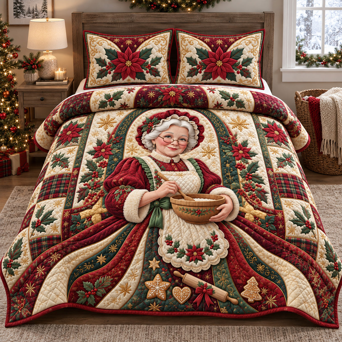 Mrs Claus Christmas 3-Piece Quilted Bedding Set GFTOHNL3836