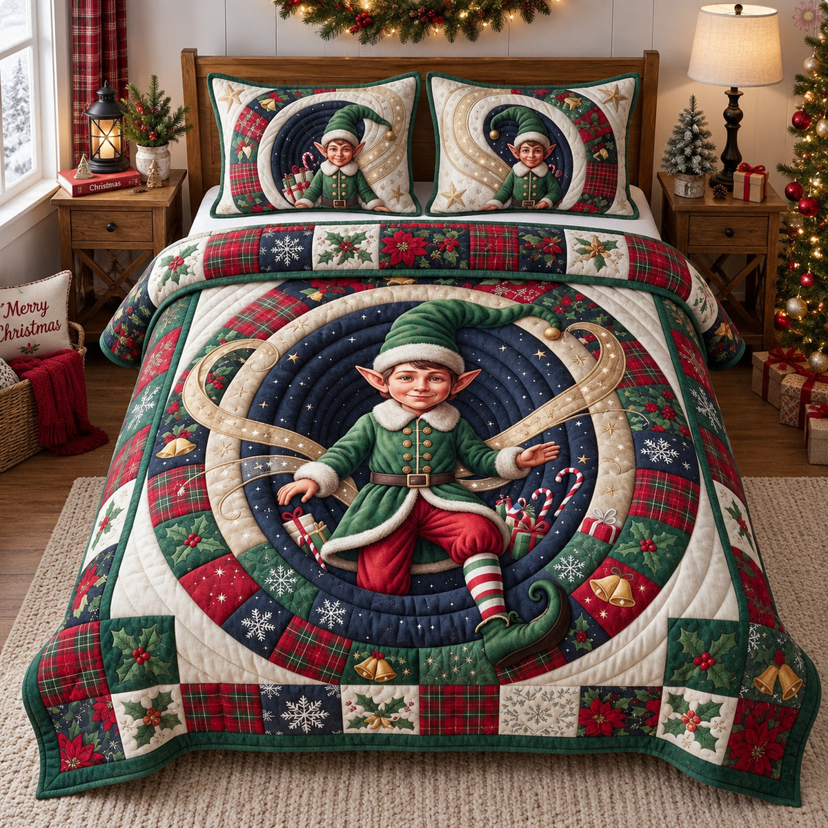 Christmas Elf 3-Piece Quilted Bedding Set GFTOHNL3838