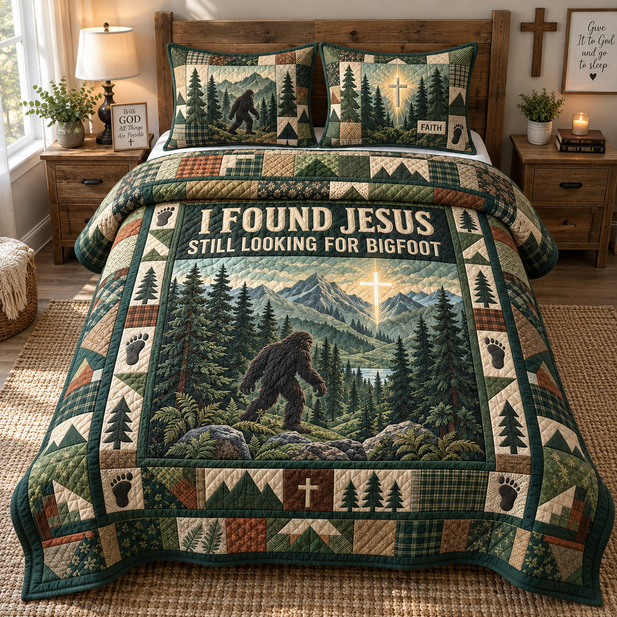 Jesus And Bigfoot 3-Piece Quilted Bedding Set GFTOHNL3875