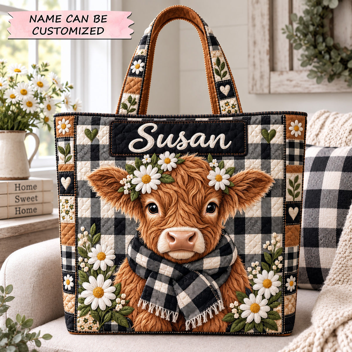 Daisy Highland Cow Quilted Tote Bag QTCUZ GFTOHNL3898