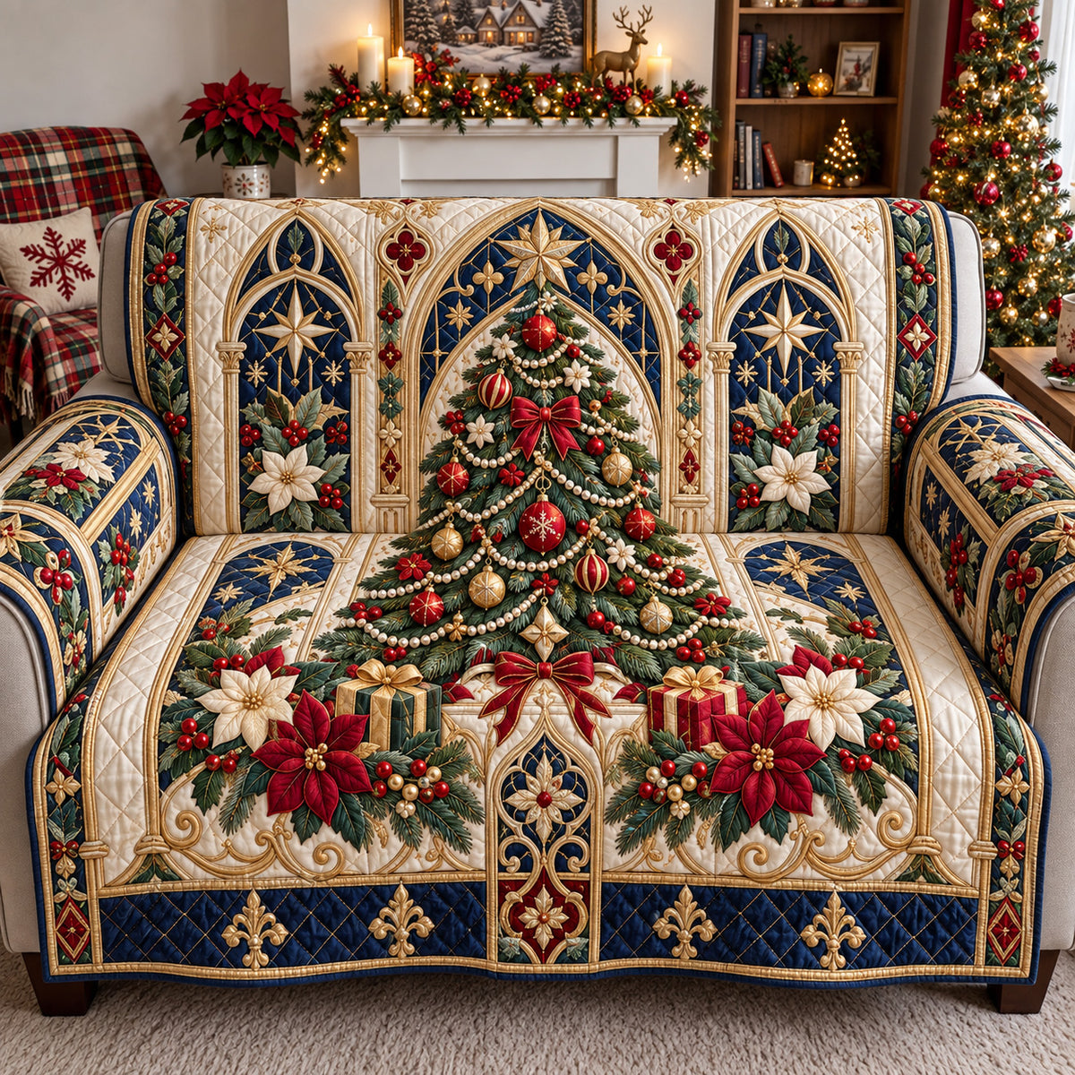 Christmas Cathedral Glow Quilted Sofa Cover GFTOHNL3934