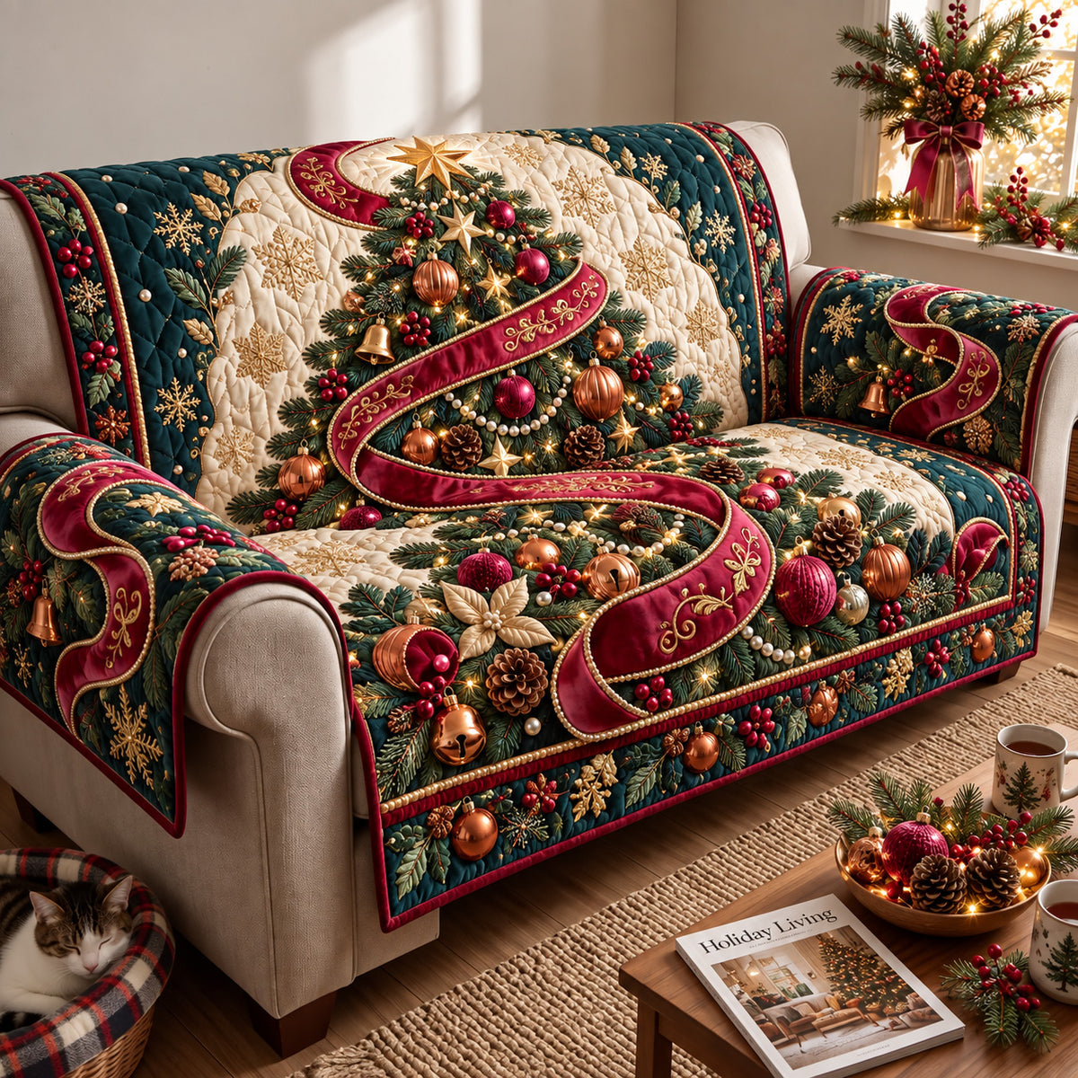 Burgundy Christmas Ribbon Quilted Sofa Cover GFTOHNL3937