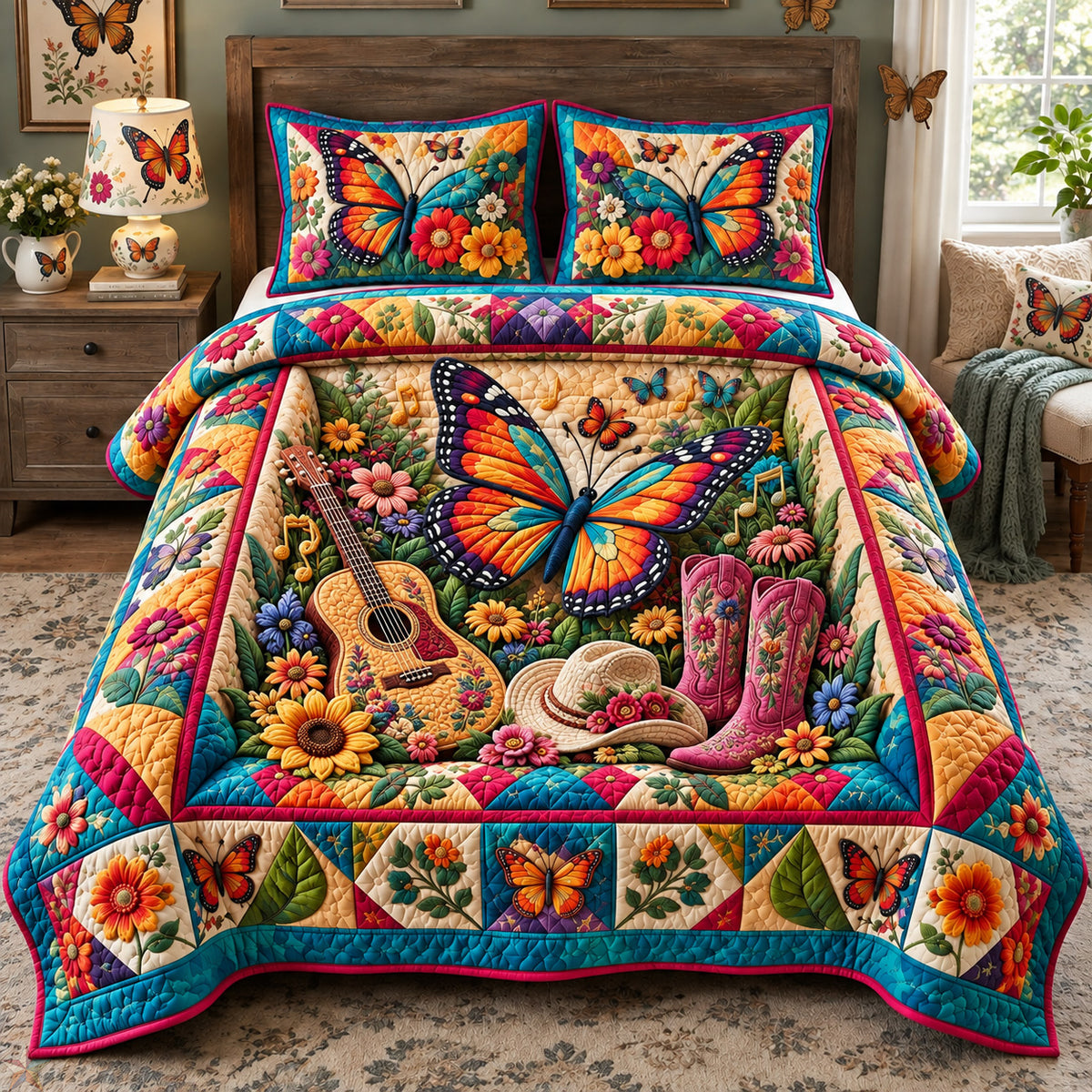 Butterfly Country Garden 3-Piece Quilted Bedding Set GFTOHNL3984