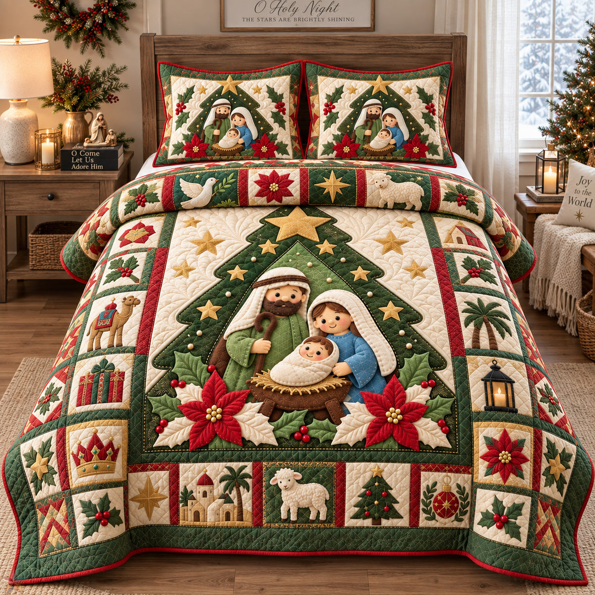 Holy Family Christmas Tree 3-Piece Quilted Bedding Set GFTOHNL3985