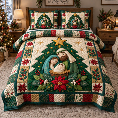 Christmas Tree Nativity 3-Piece Quilted Bedding Set GFTOHNL3986