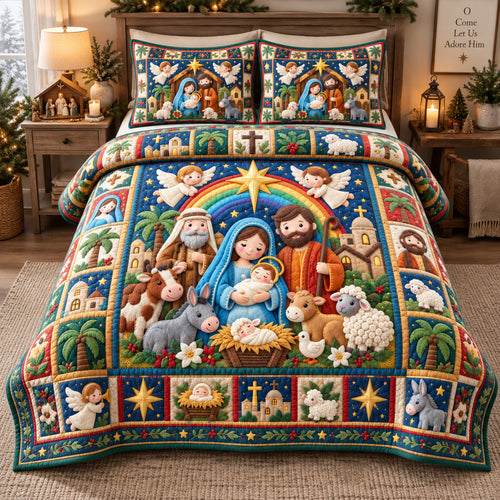 Christmas Nativity Blessings 3-Piece Quilted Bedding Set GFTOHNL3988