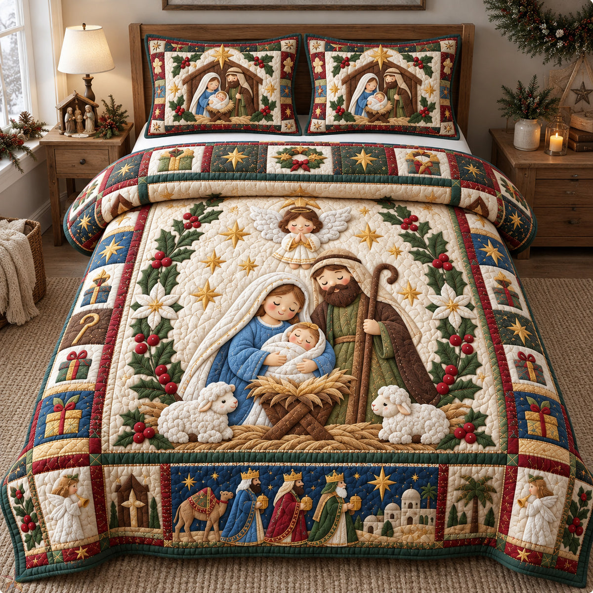 Holy Night Nativity 3-Piece Quilted Bedding Set GFTOHNL3991