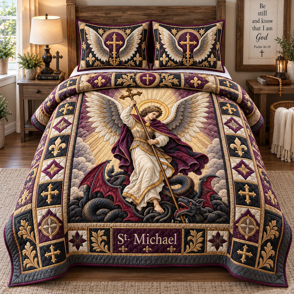 Saint Michael Heavenly Protector 3-Piece Quilted Bedding Set GFTOHNL3992